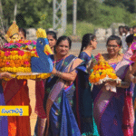 Students and teachers in traditional attire celebrating Bathukamma festival with colorful flower arrangements at Rao’s International School, Sadashivpet