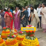 District Collector P. Pravinya inaugurating Bathukamma festival celebrations at Sangareddy Collectorate with women officials and staff