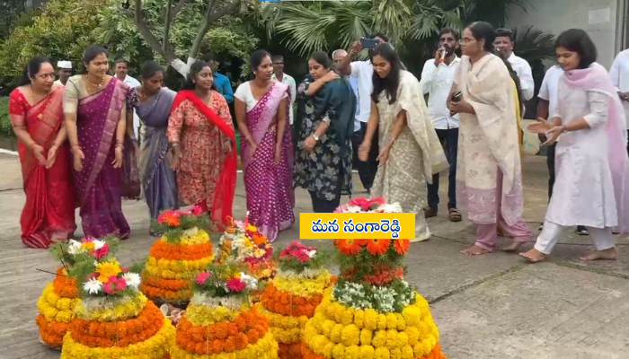 District Collector P. Pravinya inaugurating Bathukamma festival celebrations at Sangareddy Collectorate with women officials and staff
