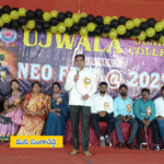 Ujwala College Principal Kuchi Srinivas addressing students at a pressure party in Sadashivpet, students receiving awards and participating in cultural programs.