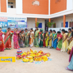Students performing Bathukamma celebrations and Dandiya dance at Genius School of Excellence, Sadashivpet with chief guest CDPO Chandrakala