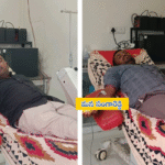సంగారెడ్డి బాలాజీ హాస్పిటల్‌లో అరెకటికే రోషన్ కల్లపల్లి రాజశేఖర్ రక్తదానం చేసిన సందర్భం