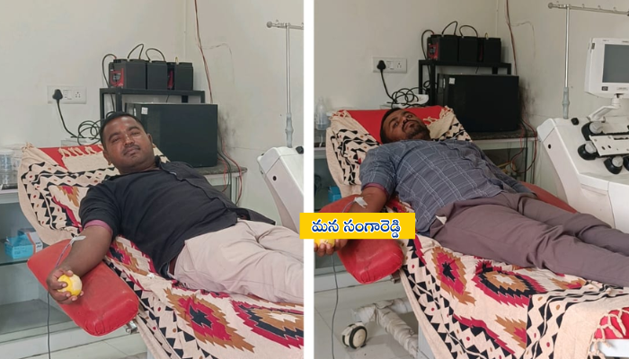 సంగారెడ్డి బాలాజీ హాస్పిటల్‌లో అరెకటికే రోషన్ కల్లపల్లి రాజశేఖర్ రక్తదానం చేసిన సందర్భం
