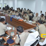 Sangareddy District Police Monthly Crime Review meeting led by SP Paritosh Pankaj IPS with officers discussing investigation efficiency, pending cases, and community policing.