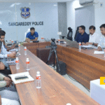 Sangareddy District SP Paritosh Pankaj IPS addressing police officers in a vertical review meeting through video conference.