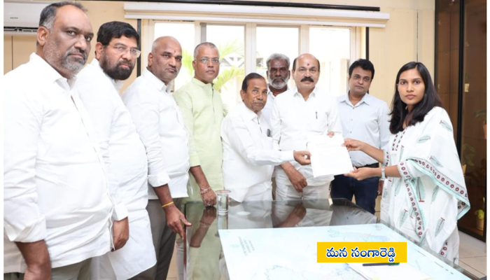 సీగాచి పరిశ్రమ పేలుడు బాధితులకు పరిహారం కోరుతూ జిల్లాకలెక్టర్ మరియు ఎస్పీని కలిసి మాట్లాడుతున్న ఎమ్మెల్యేలు చింతా ప్రభాకర్, మాణిక్ రావు మరియు నాయకులు